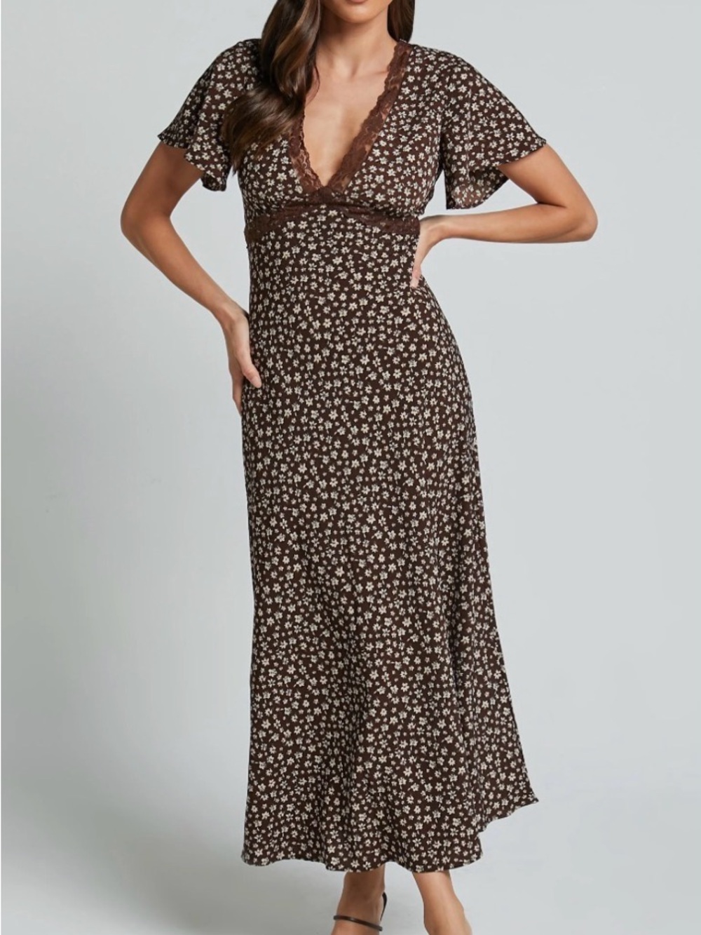 Showpo Vanya Brown Floral Lace-Trim Maxi Dress